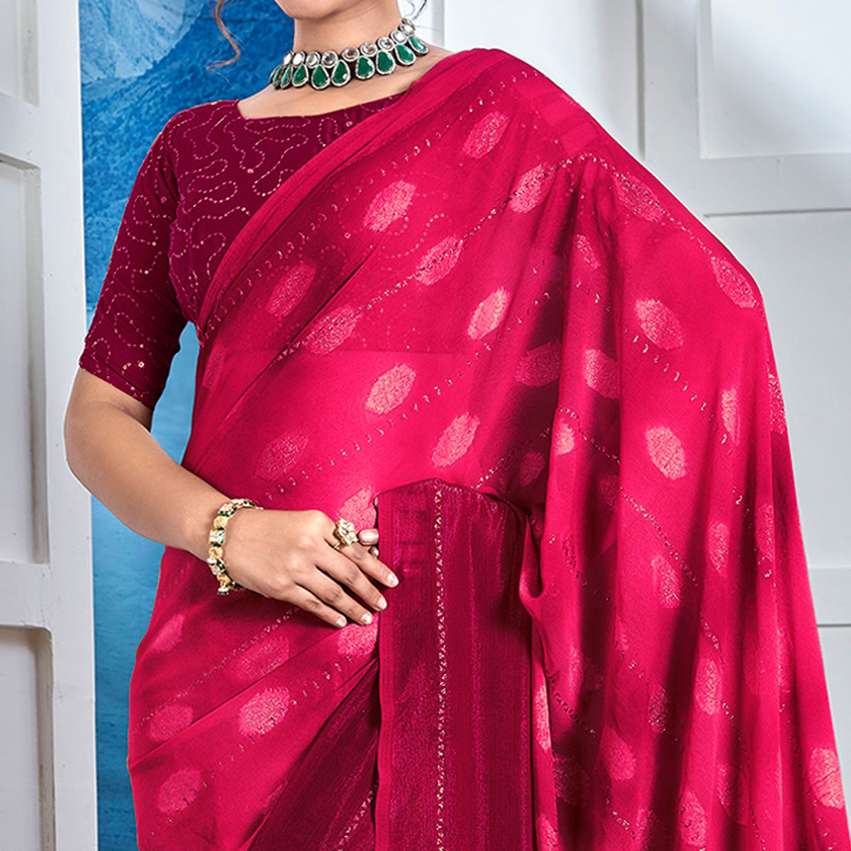 Pink Woven Fancy Fabric Saree With Tassels