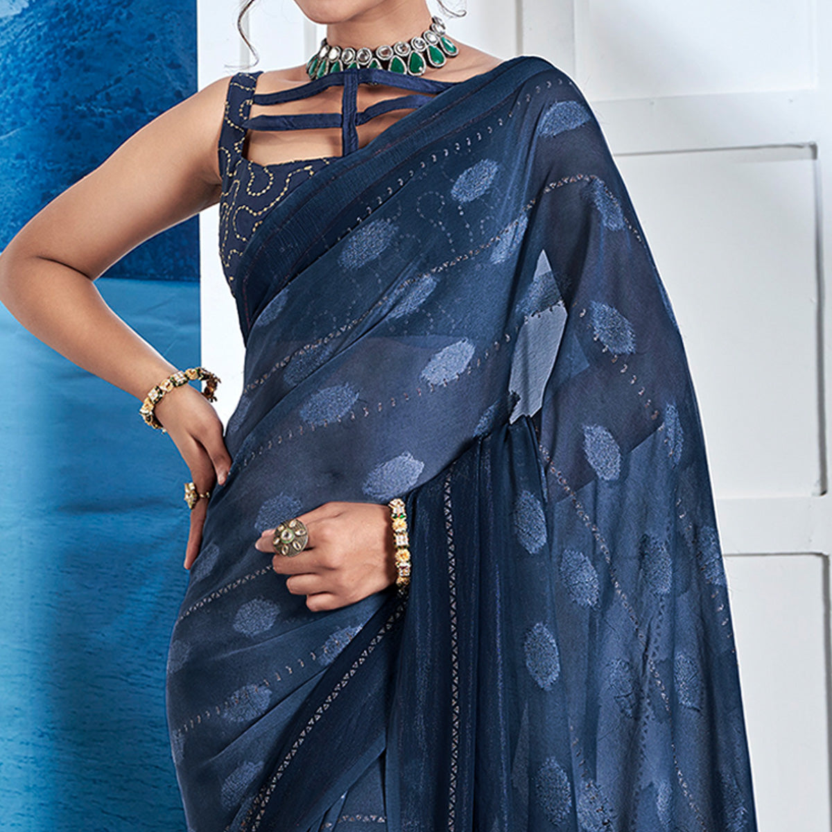 Blue Woven Fancy Fabric Saree With Tassels