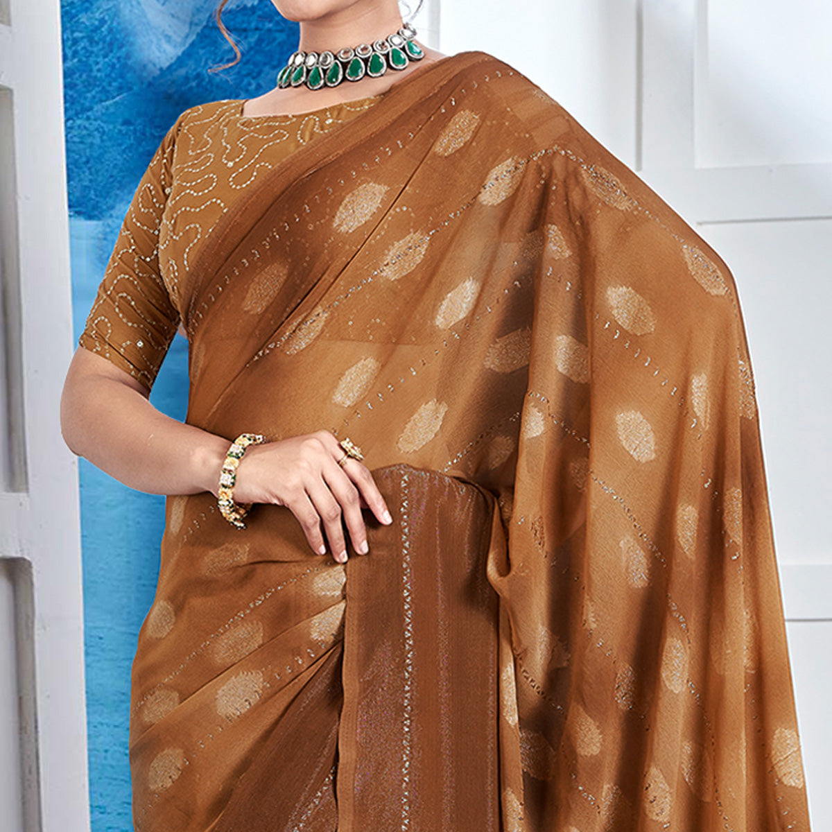 Brown Woven Fancy Fabric Saree With Tassels
