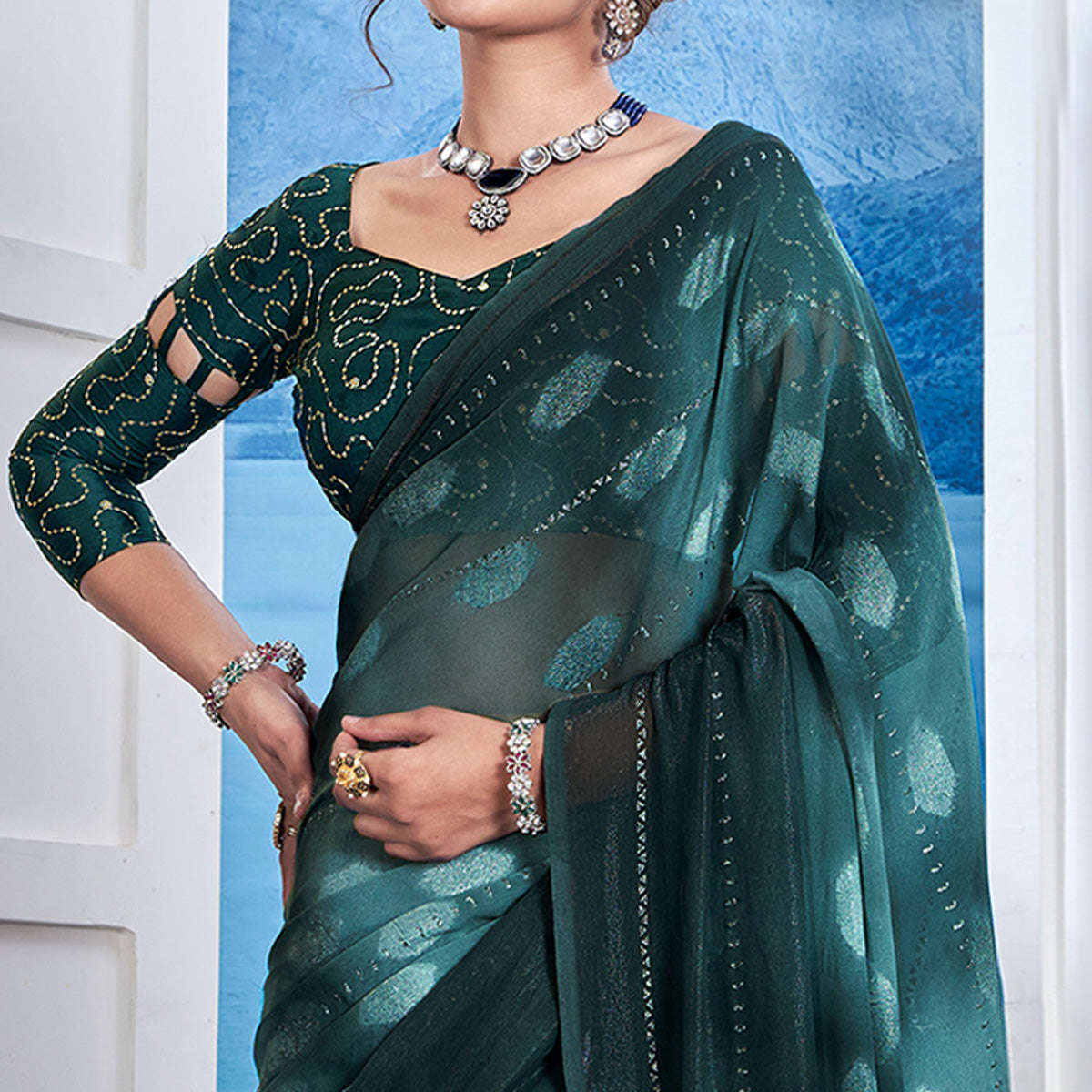 Teal Woven Fancy Fabric Saree With Tassels