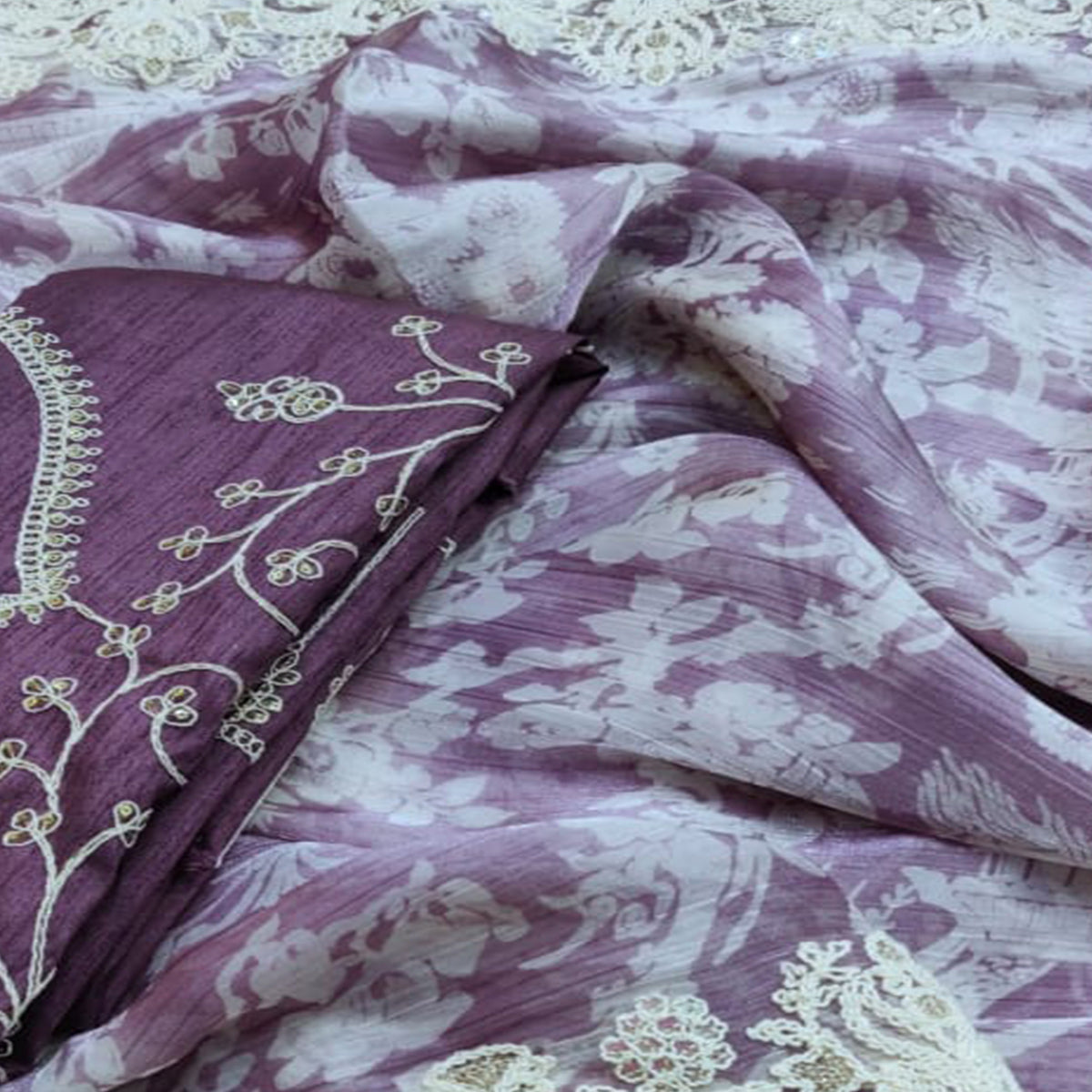 Purple Floral Printed Jimmy Choo Tissue Saree With Sequins Embroidered Border