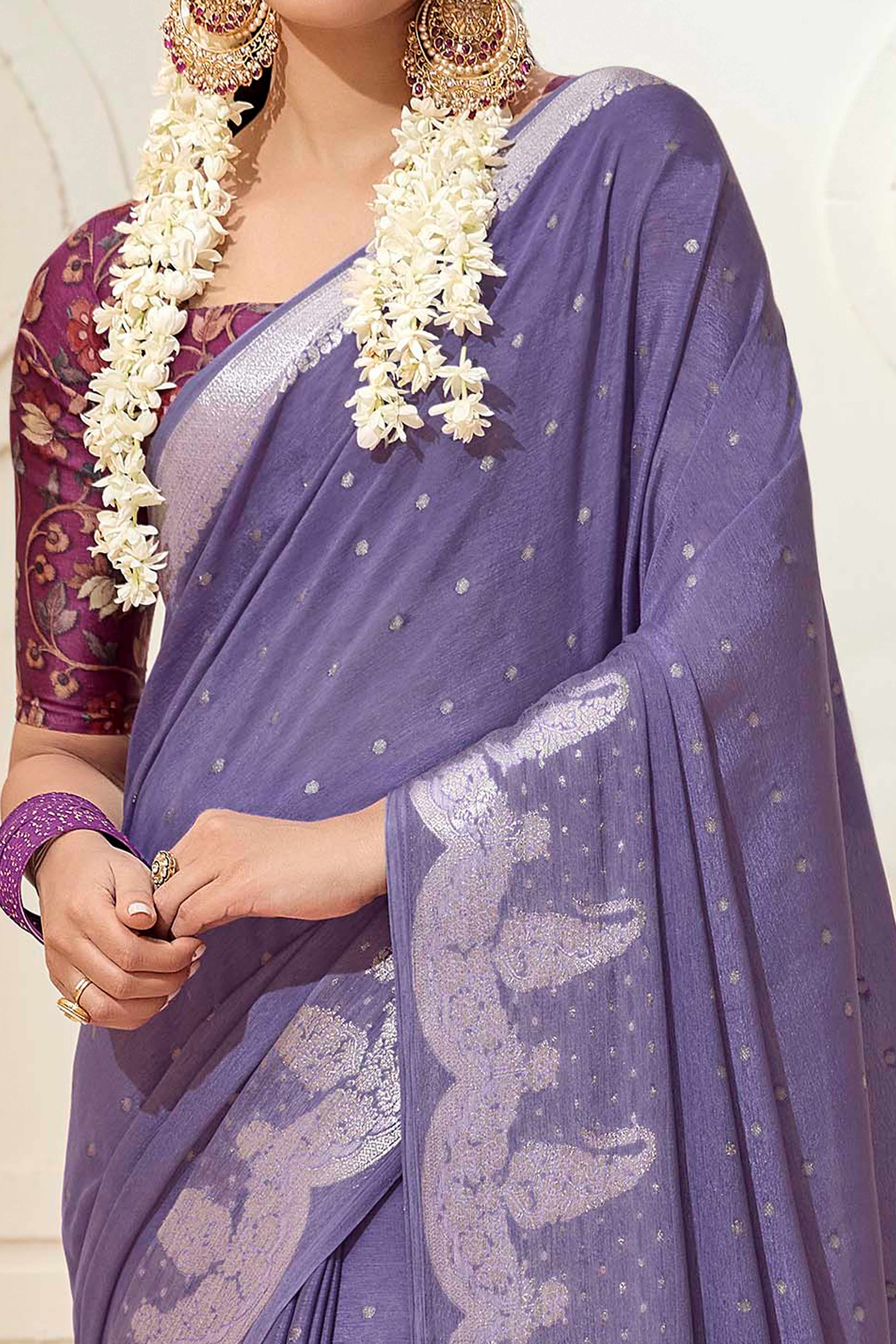 Lavender Chinon Saree with Jacquard Weaving and Delicate Tassel Accents