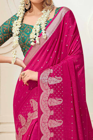 Pink Chinon Saree with Jacquard Weaving and Delicate Tassel Accents