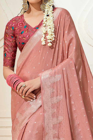 Peach Chinon Saree with Jacquard Weaving and Delicate Tassel Accents