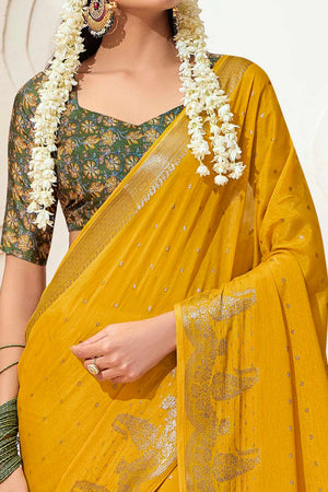 Mustard Chinon Saree with Jacquard Weaving and Delicate Tassel Accents