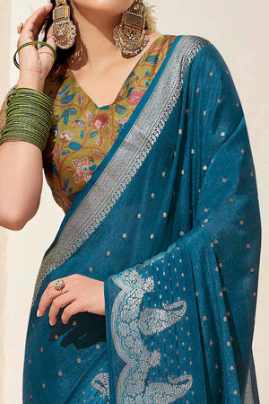 Teal Chinon Saree with Jacquard Weaving and Delicate Tassel Accents