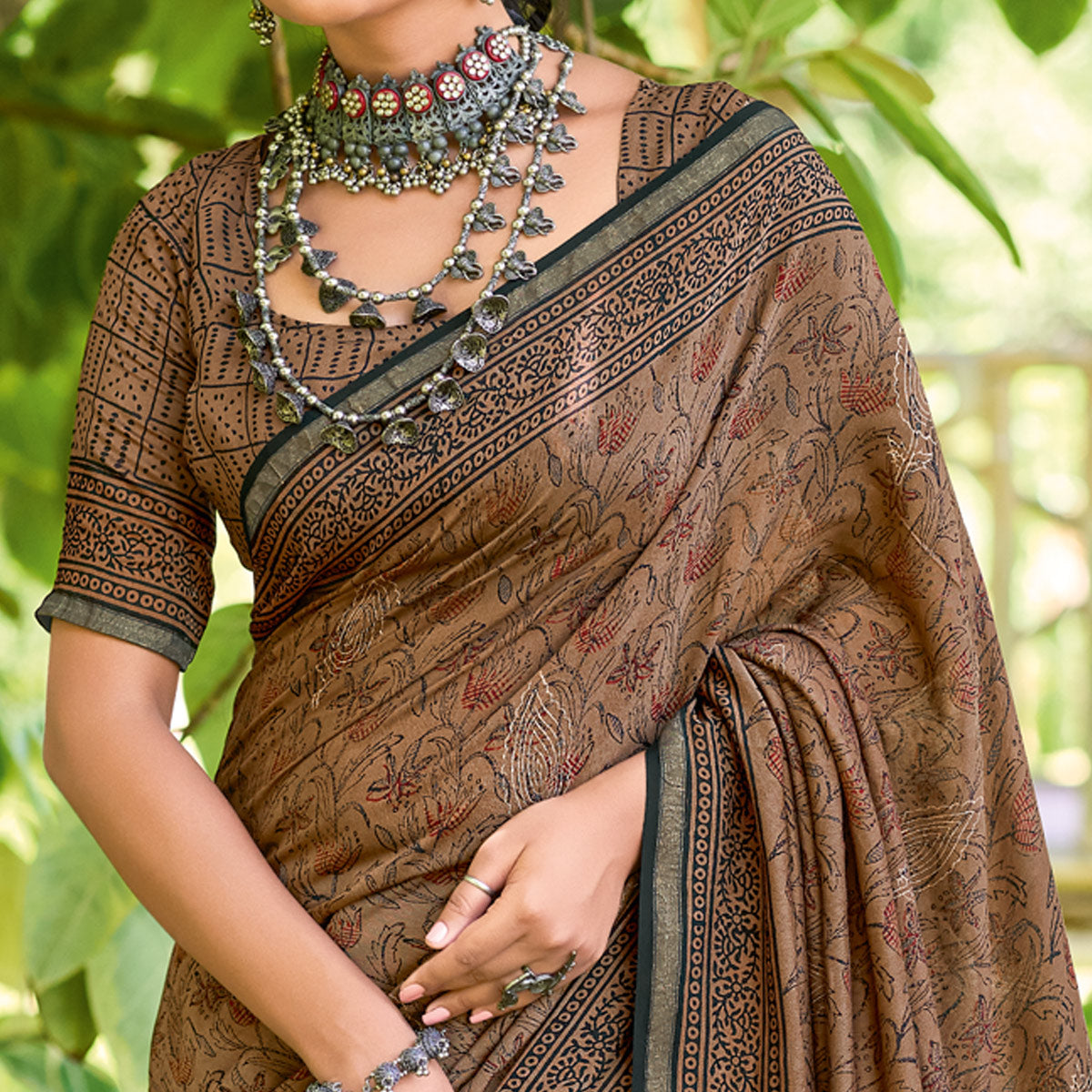 Brown Floral Printed Mul Mul Cotton Saree