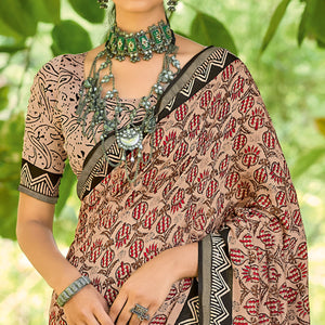 Beige Floral Printed Mul Mul Cotton Saree
