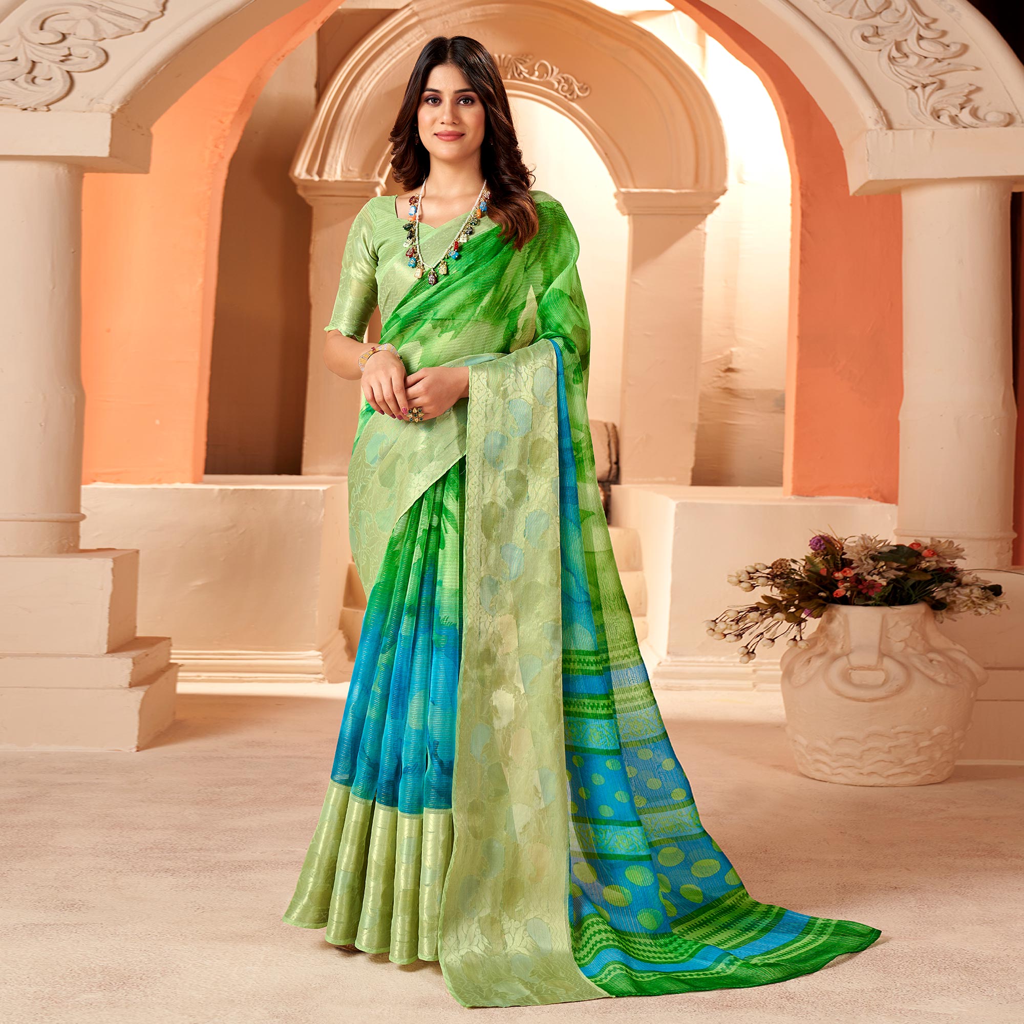 Green & Blue Printed Organza Saree With Woven Border