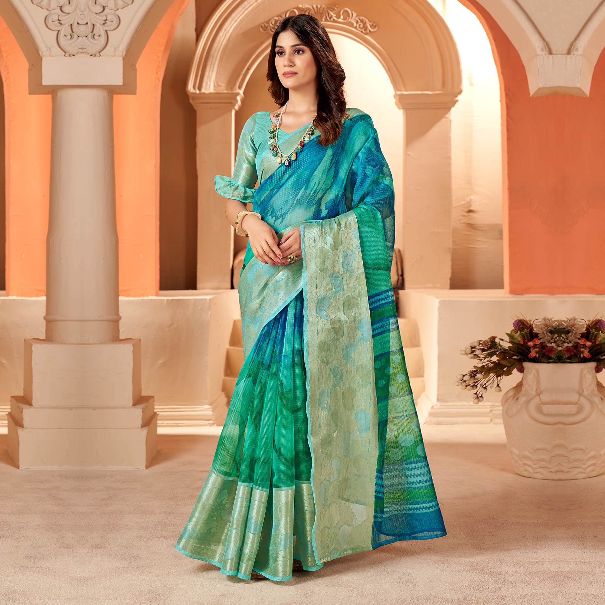 Blue & Sea Green Printed Organza Saree With Woven Border