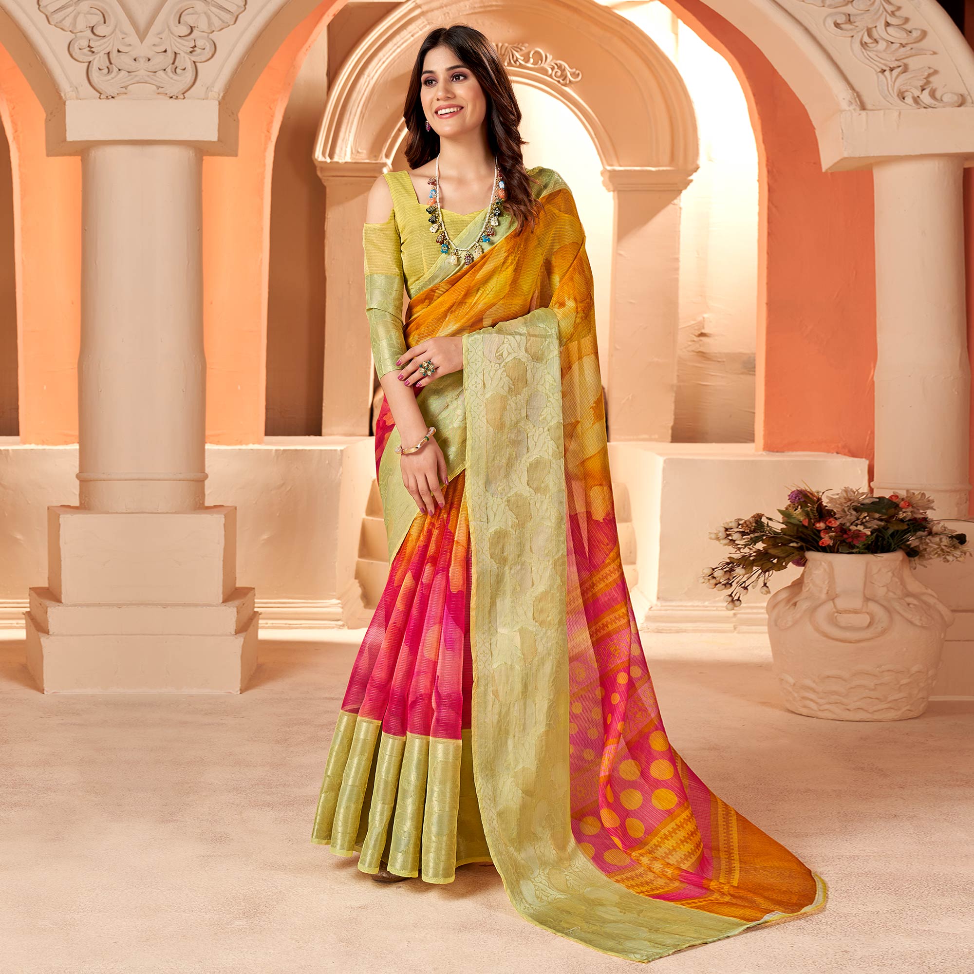 Mustard & Pink Printed Organza Saree With Woven Border