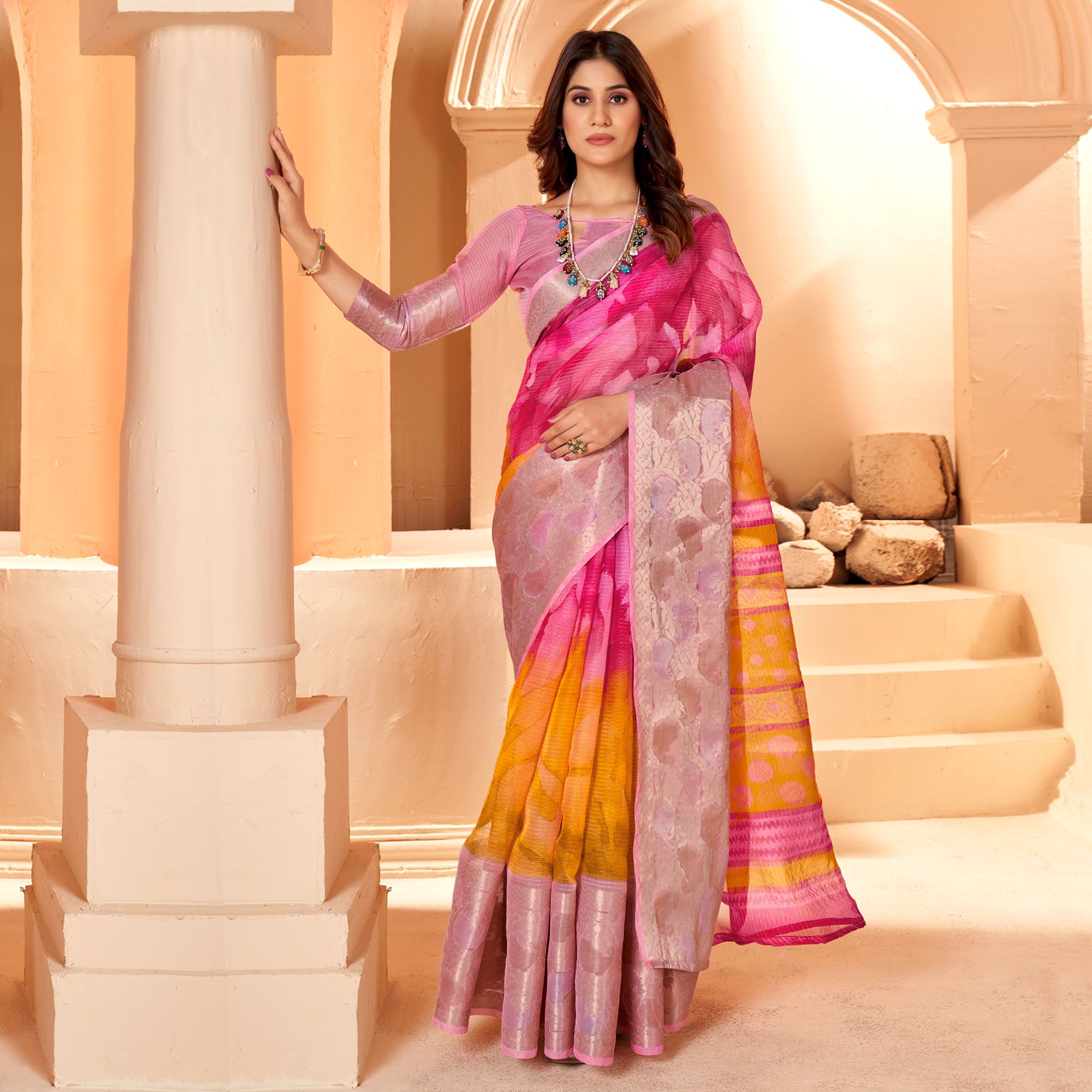 Pink & Mustard Printed Organza Saree With Woven Border