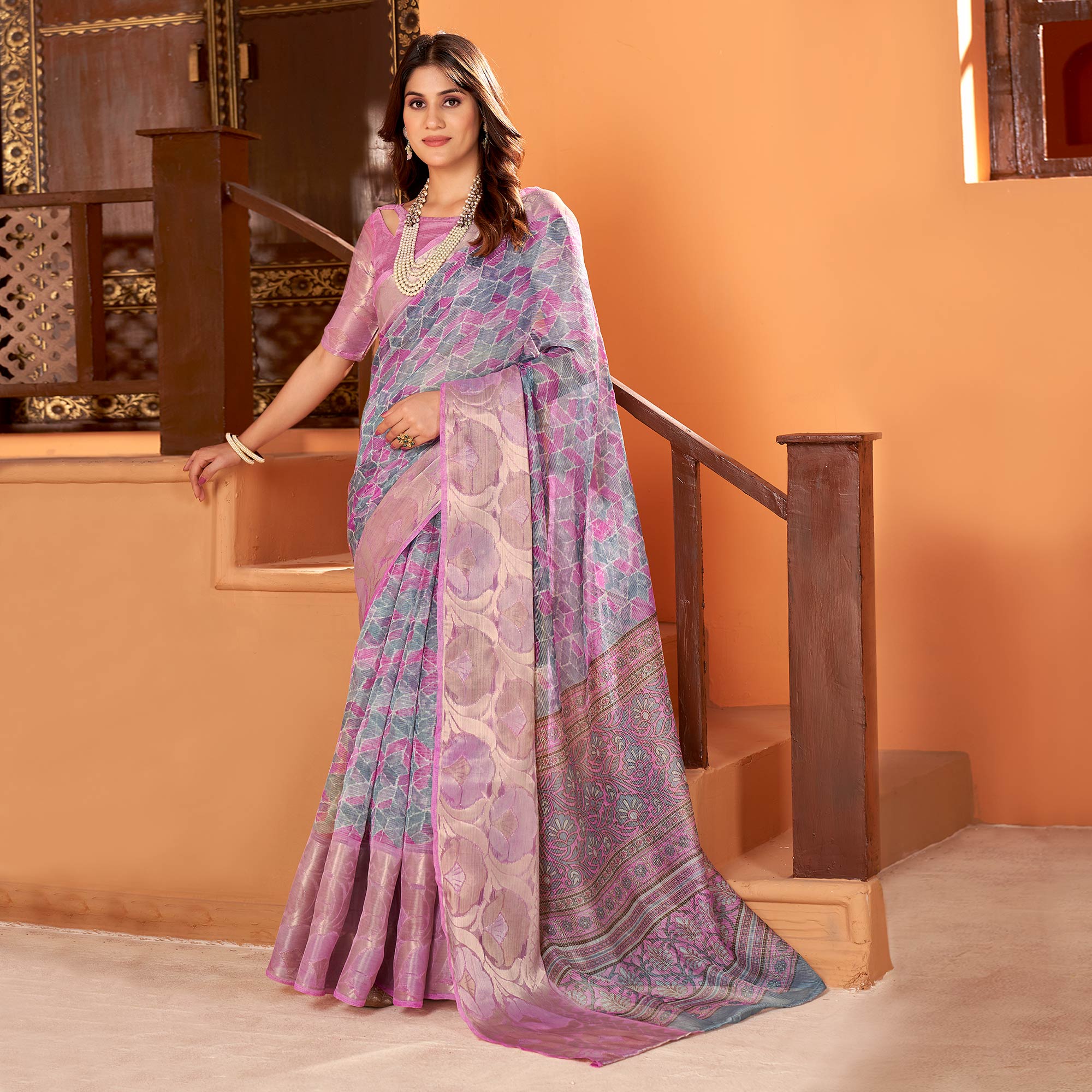 Light Purple Printed Organza Saree With Woven Border