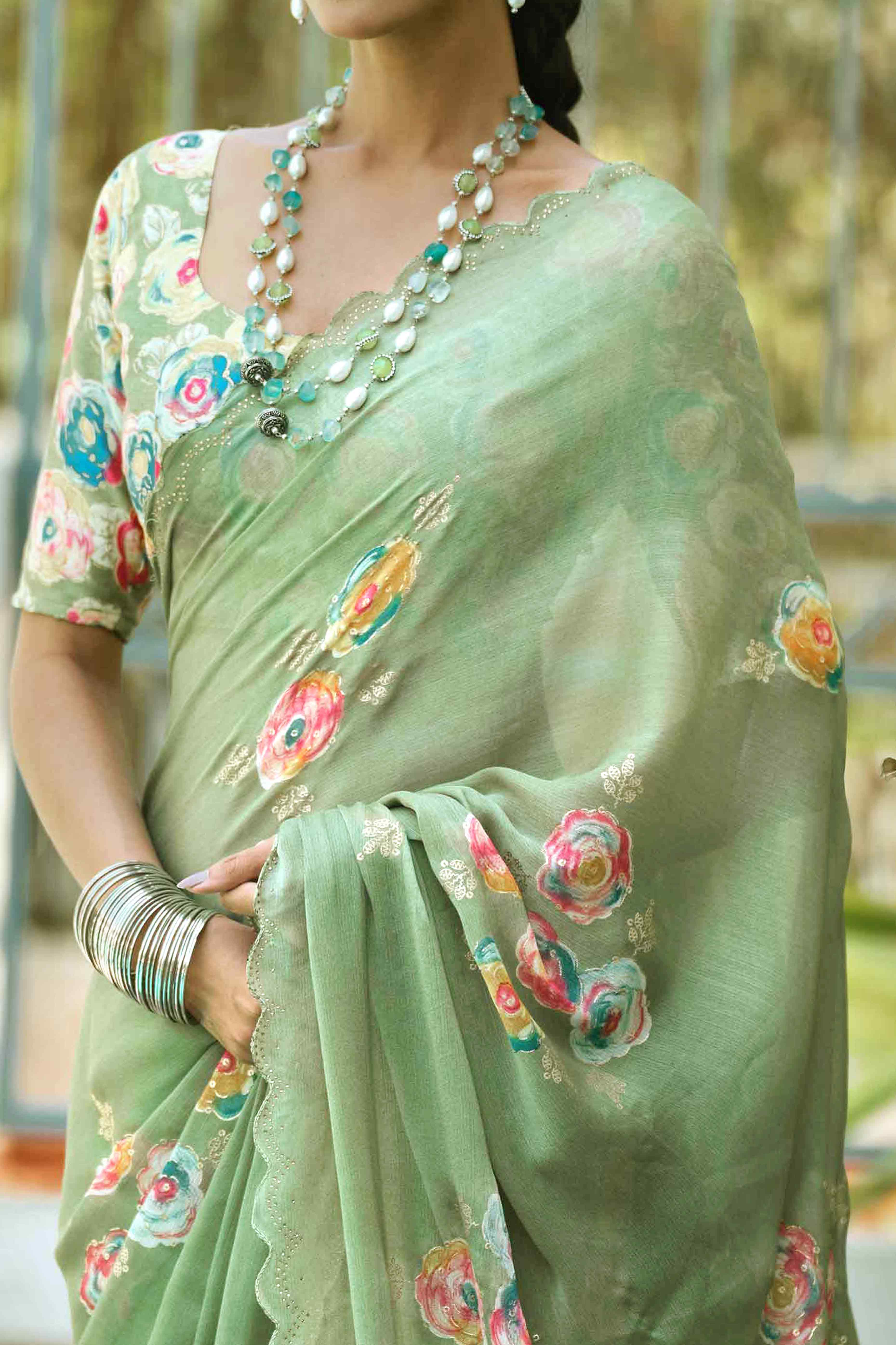 Elegant Green Chiffon Saree with Floral and Foil Print Detailing