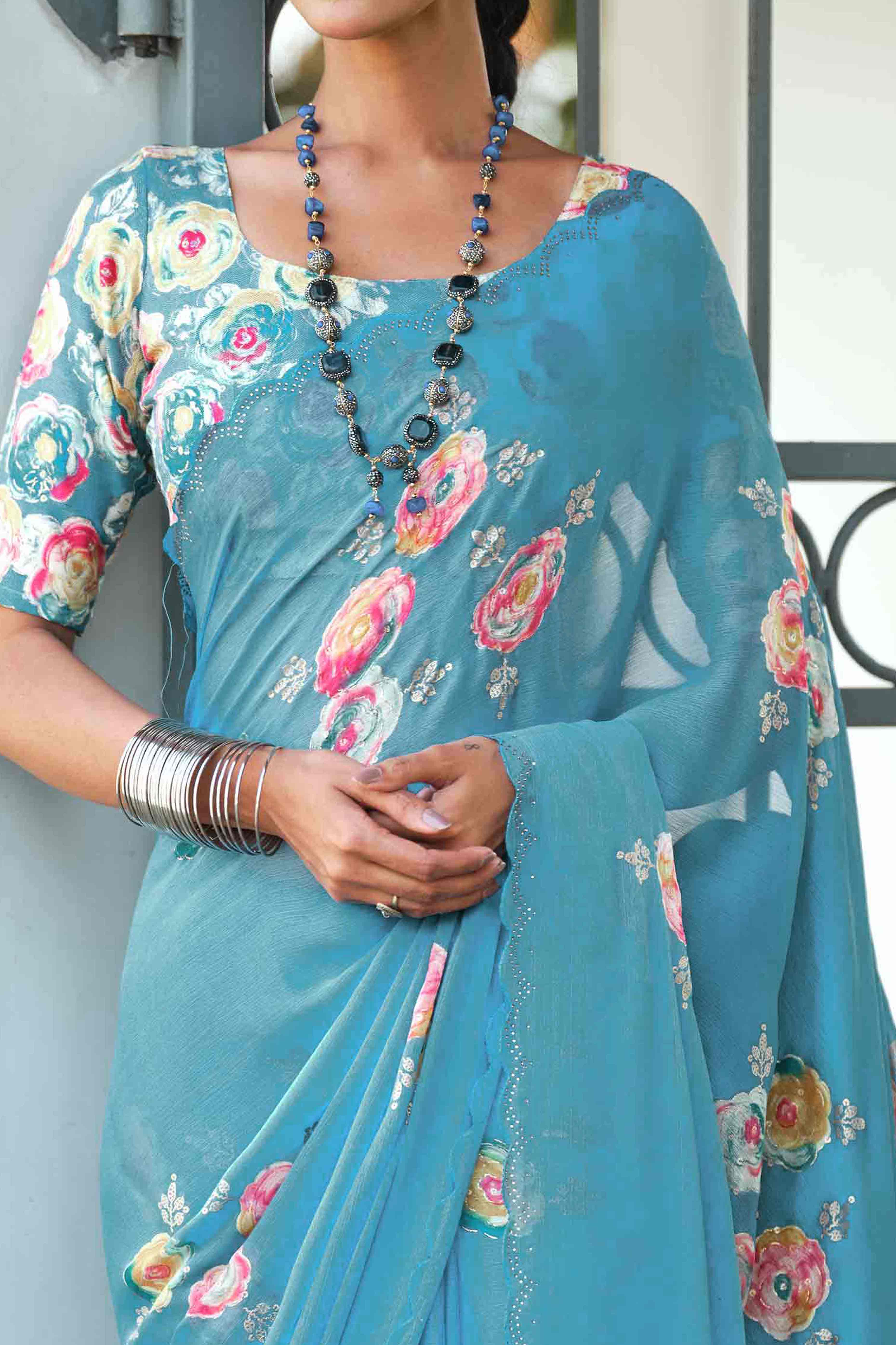 Elegant Blue Chiffon Saree with Floral and Foil Print Detailing