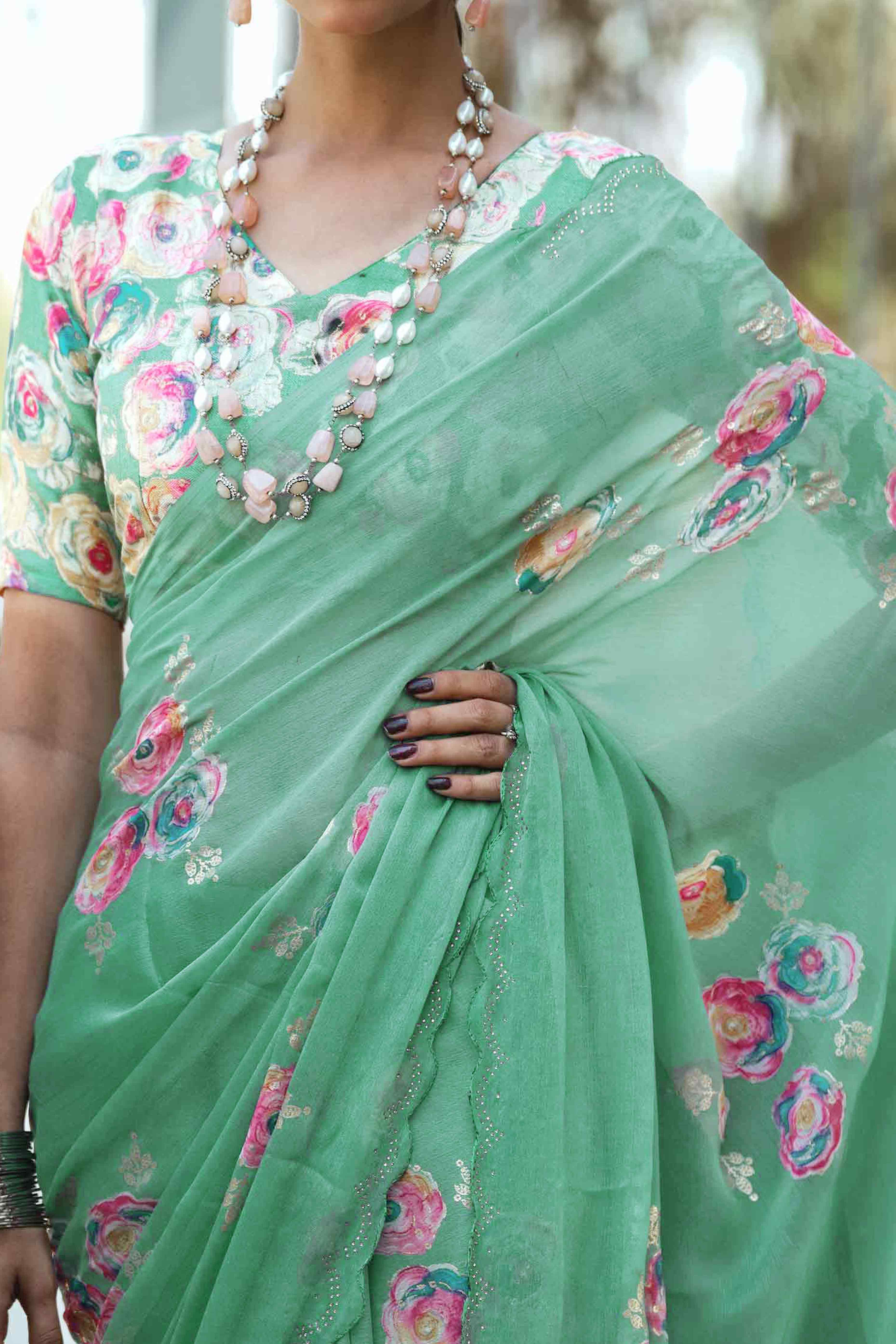 Elegant Sea Green Chiffon Saree with Floral and Foil Print Detailing