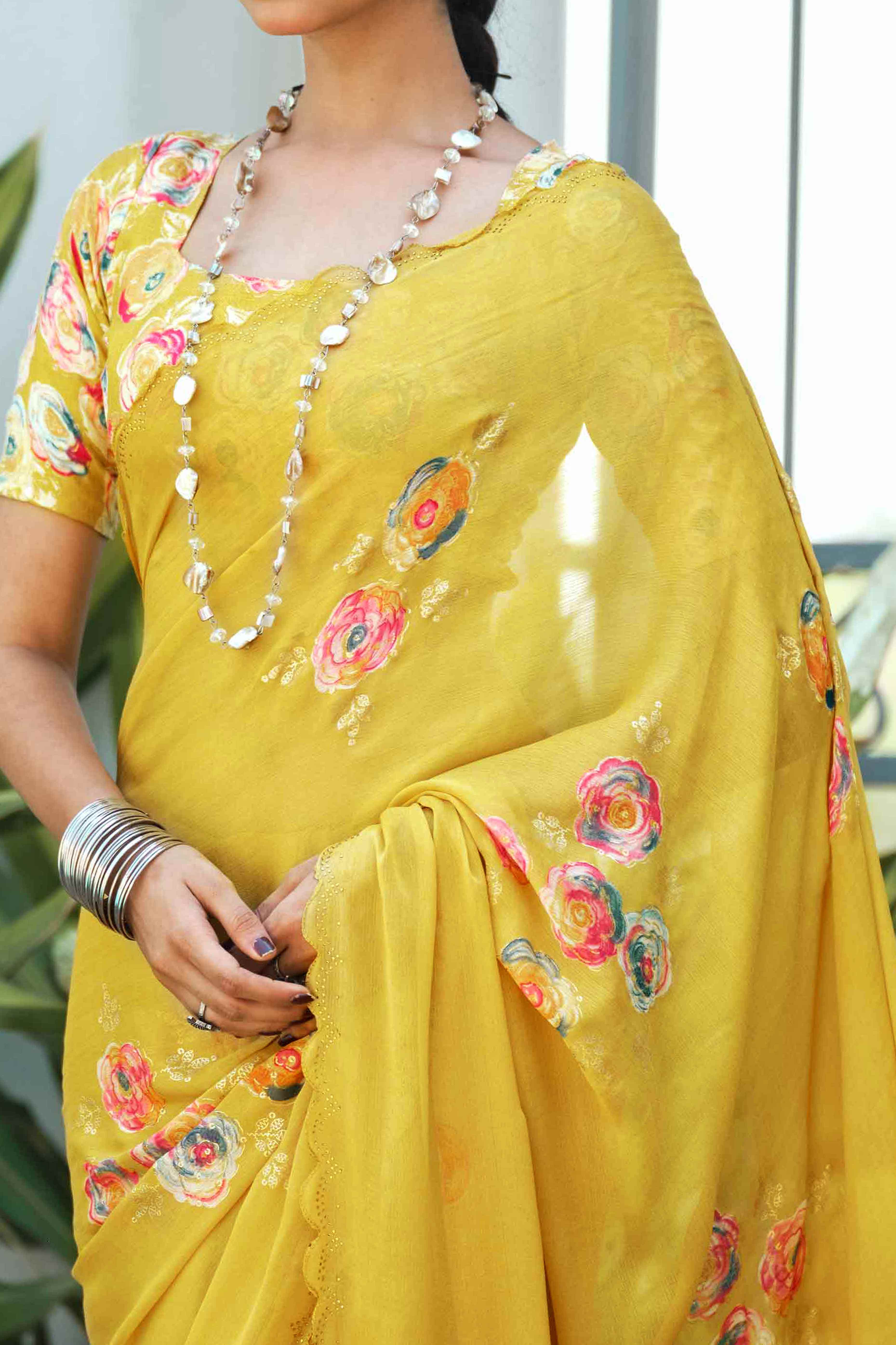 Elegant Mustard Chiffon Saree with Floral and Foil Print Detailing