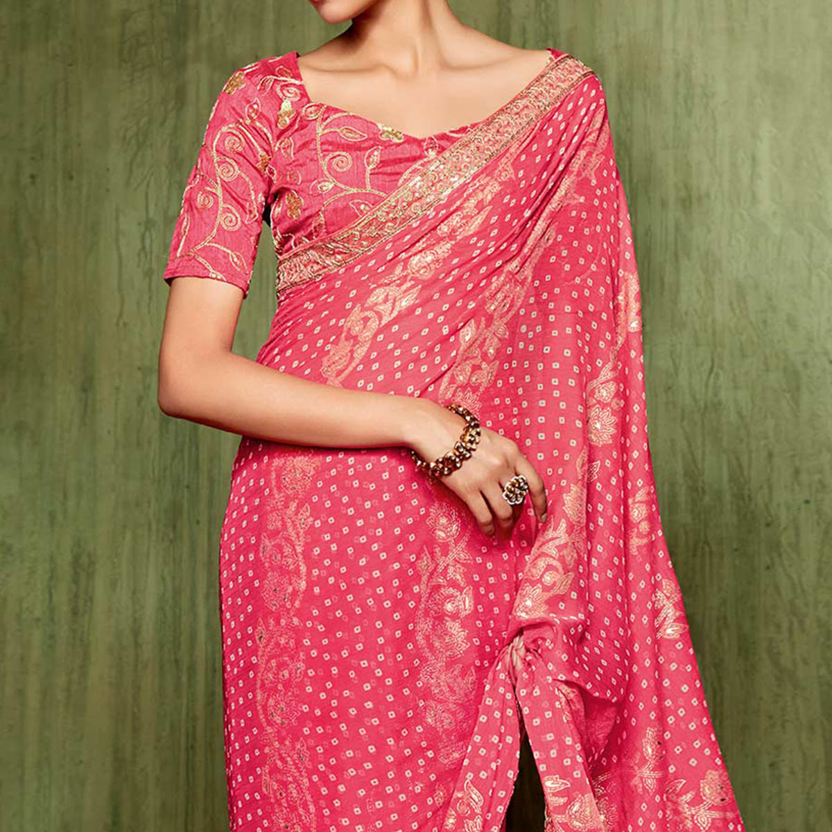 Pink Foil Printed With Embroidered Border Chiffon Saree