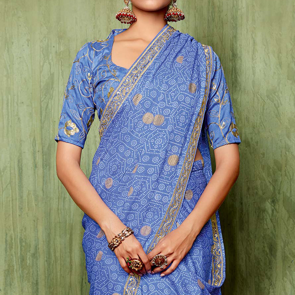 Blue Foil Printed With Embroidered Border Chiffon Saree