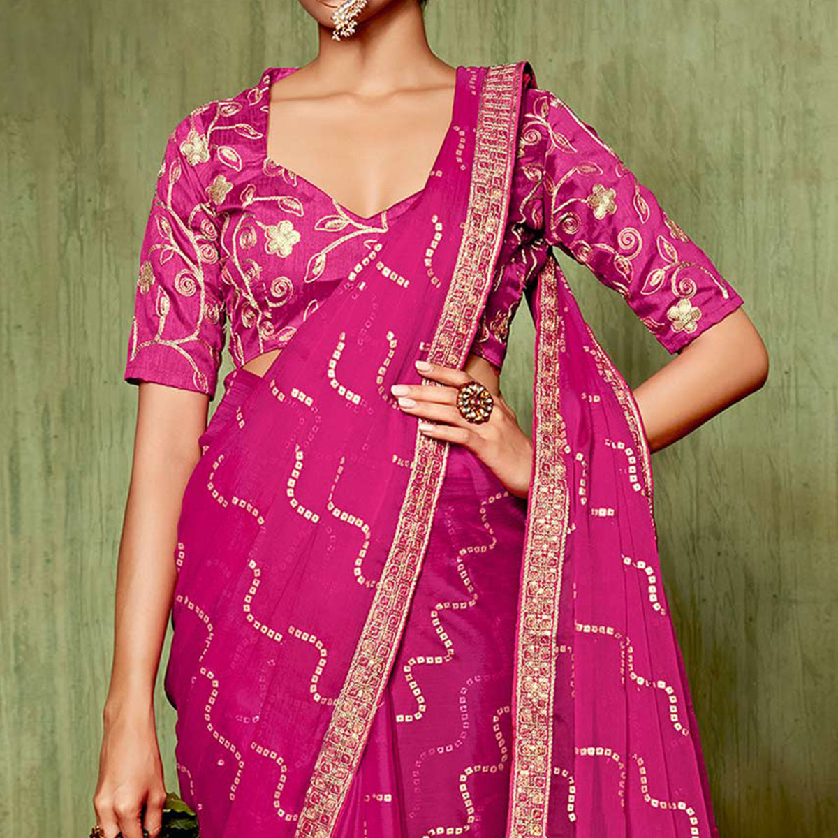 Magenta Foil Printed With Embroidered Border Chiffon Saree