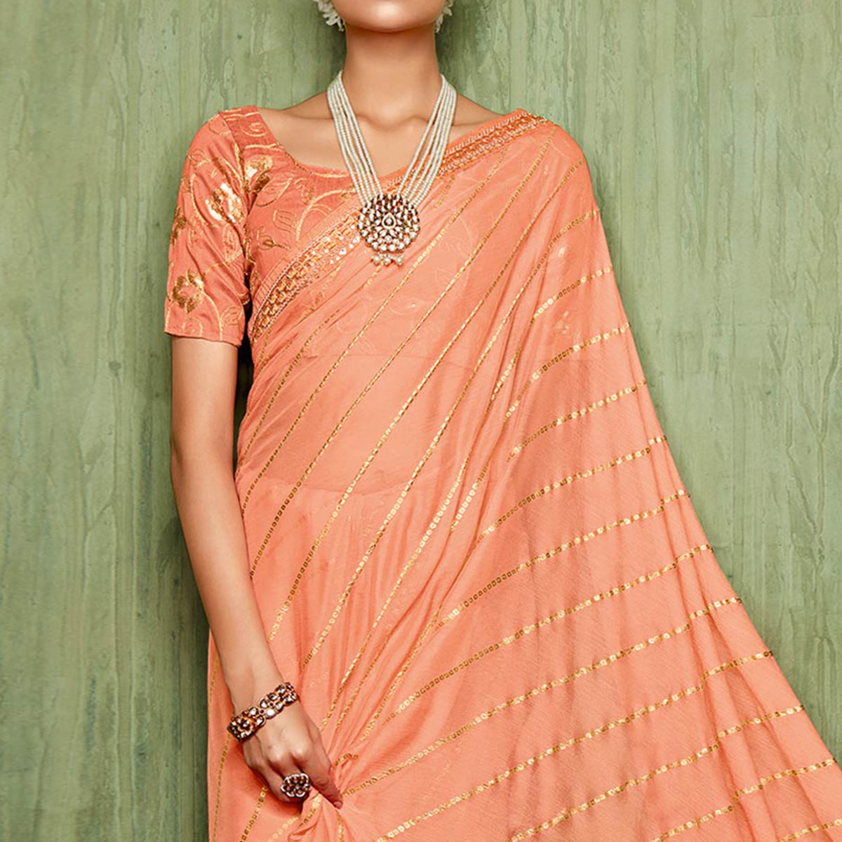 Peach Foil Printed With Embroidered Border Chiffon Saree