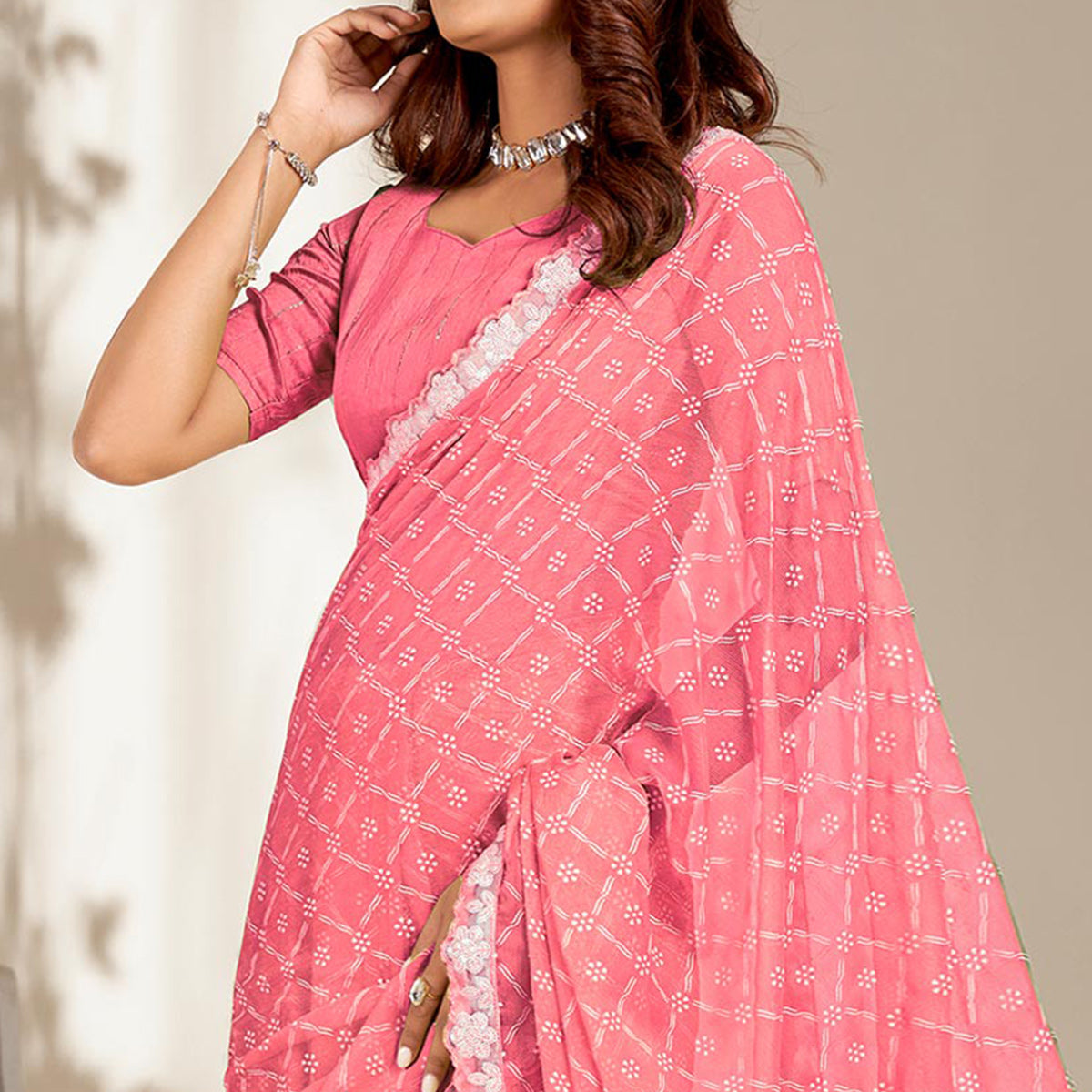 Pink Floral Printed Chiffon Saree With Embroidered Border