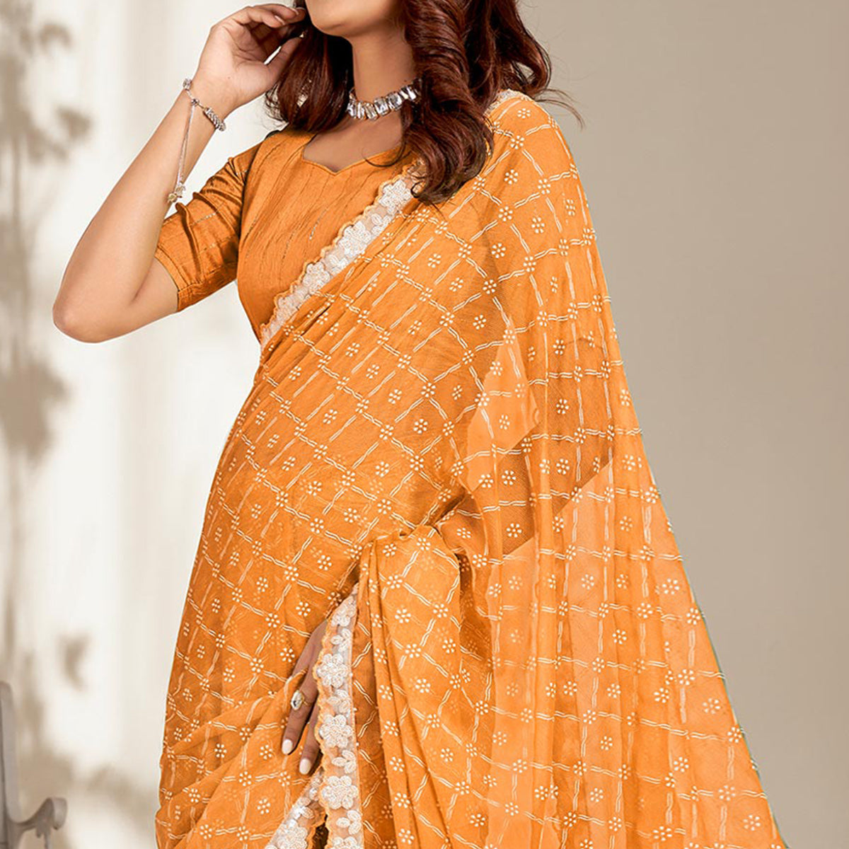 Mustard Floral Printed Chiffon Saree With Embroidered Border