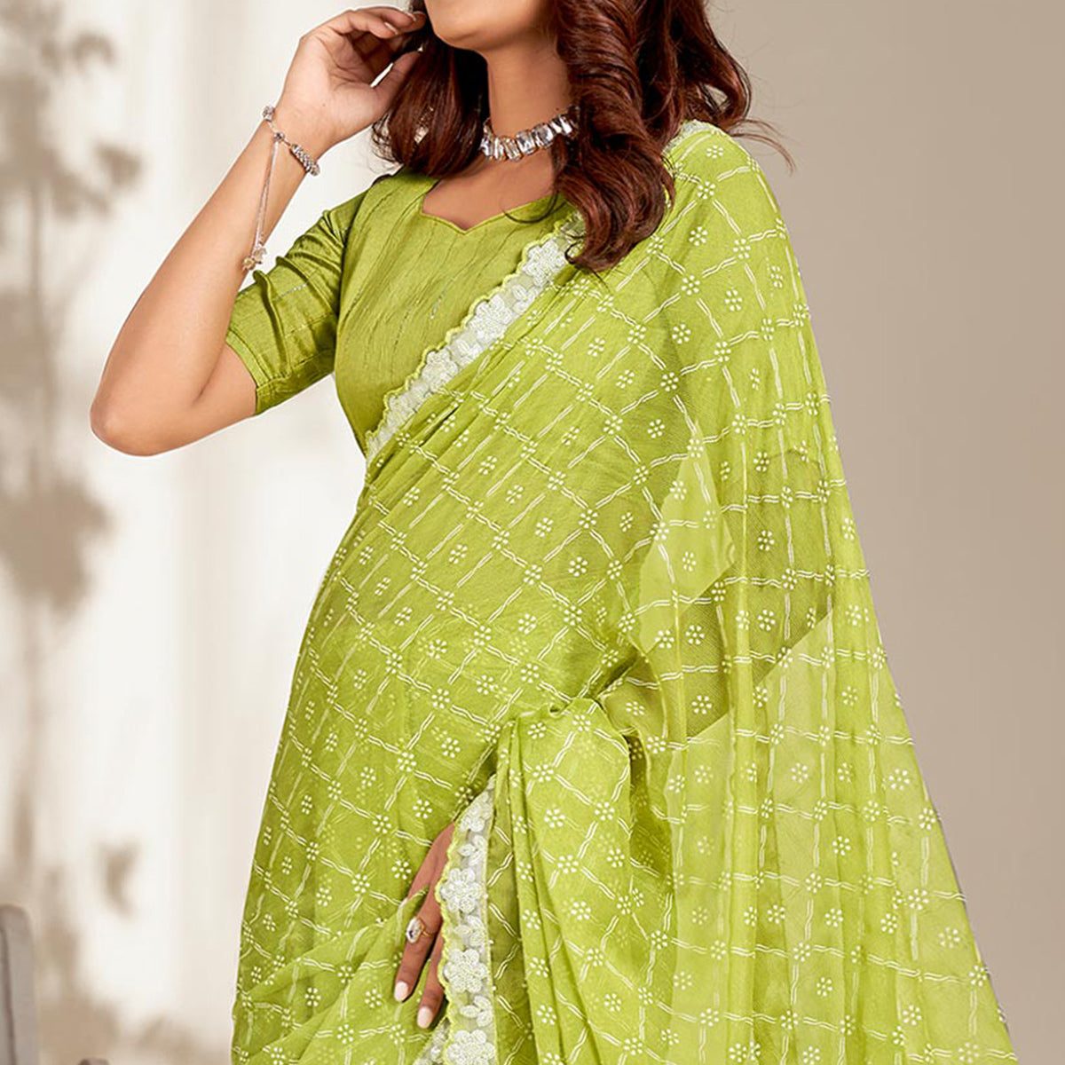 Green Floral Printed Chiffon Saree With Embroidered Border