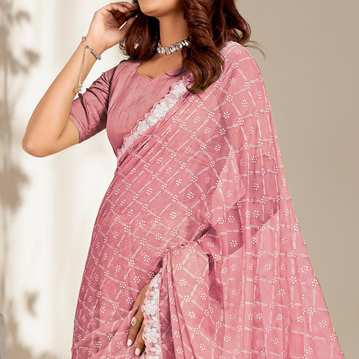 Dusty Pink Floral Printed Chiffon Saree With Embroidered Border
