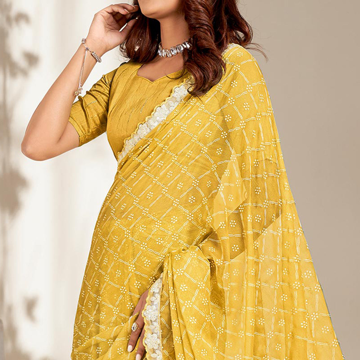 Yellow Floral Printed Chiffon Saree With Embroidered Border