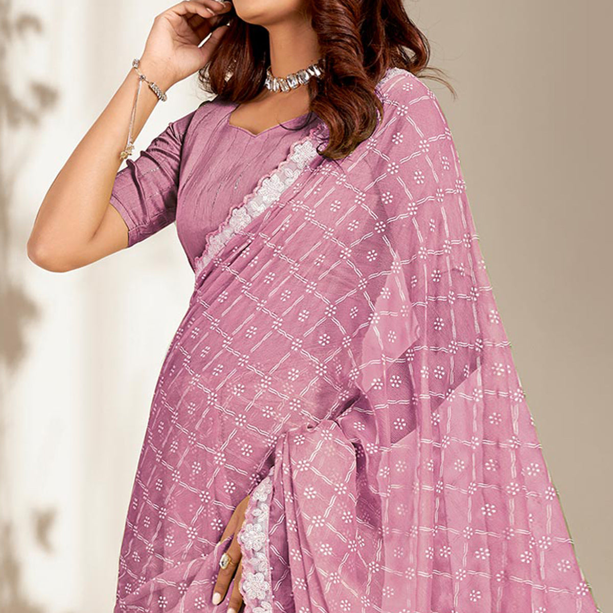 Mauve Floral Printed Chiffon Saree With Embroidered Border