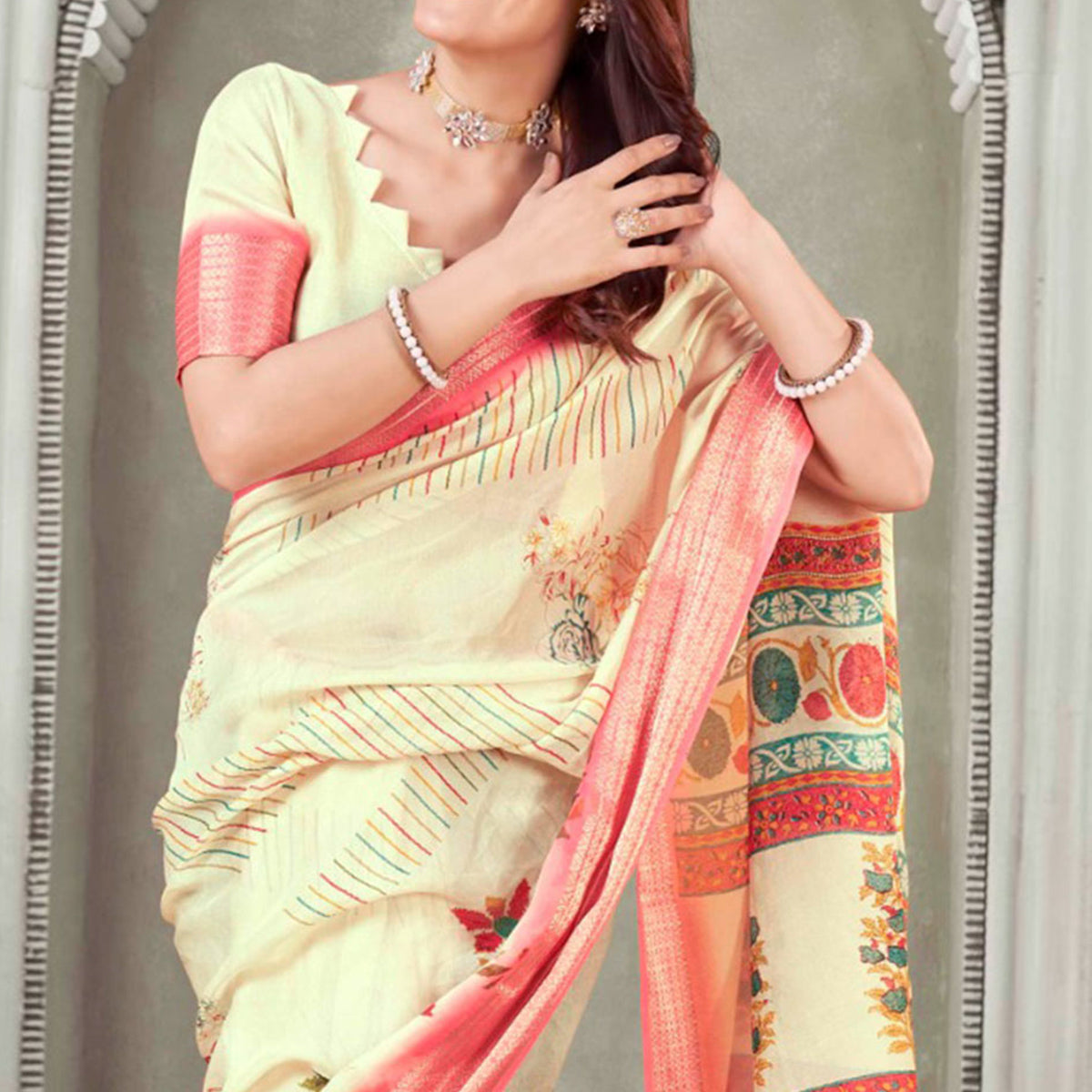 Cream Floral Printed Cotton Blend Saree With Jacquard Border