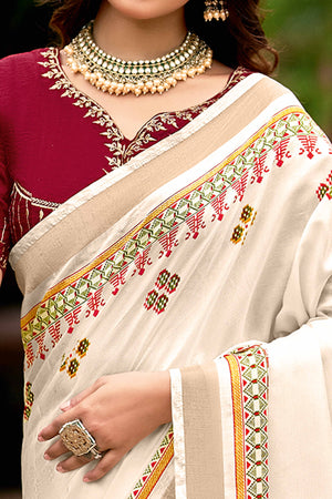 Abstract Printed Cream Saree in Cotton Blend Fabric