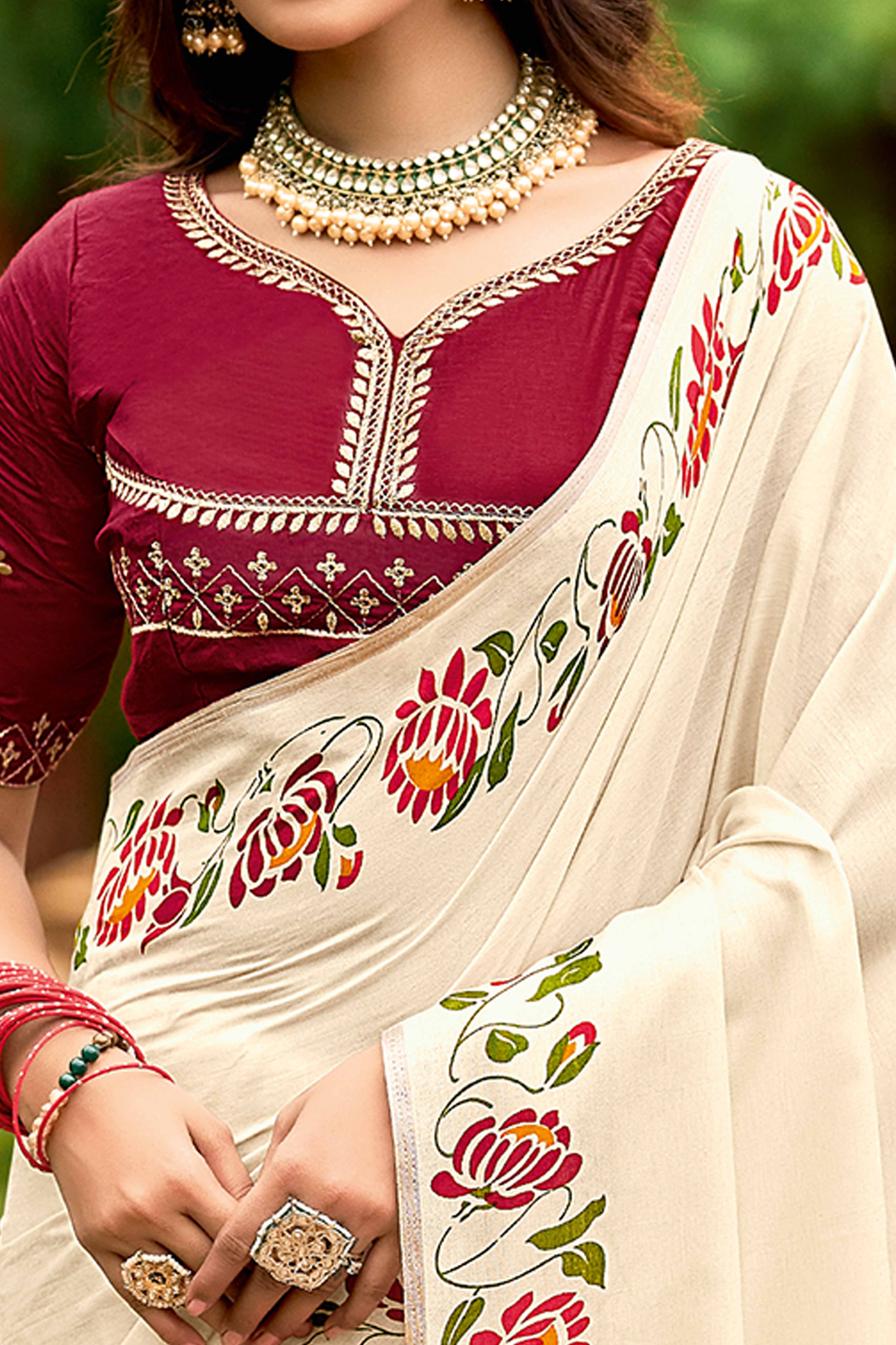 Designer Cream Abstract Printed Cotton Blend Saree