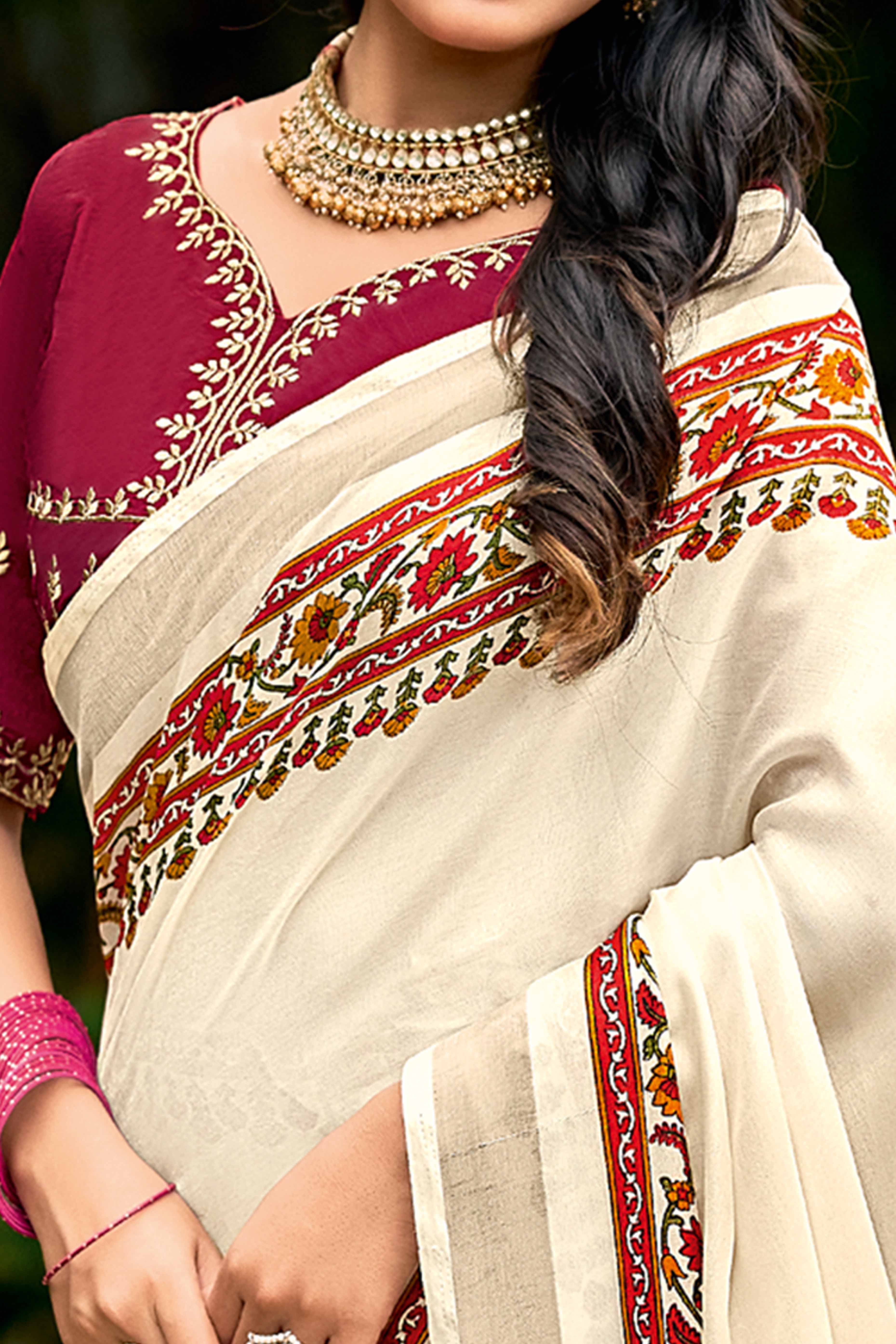 Exclusive Cream Abstract Printed Saree in Cotton Blend Fabric