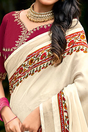 Exclusive Cream Abstract Printed Saree in Cotton Blend Fabric