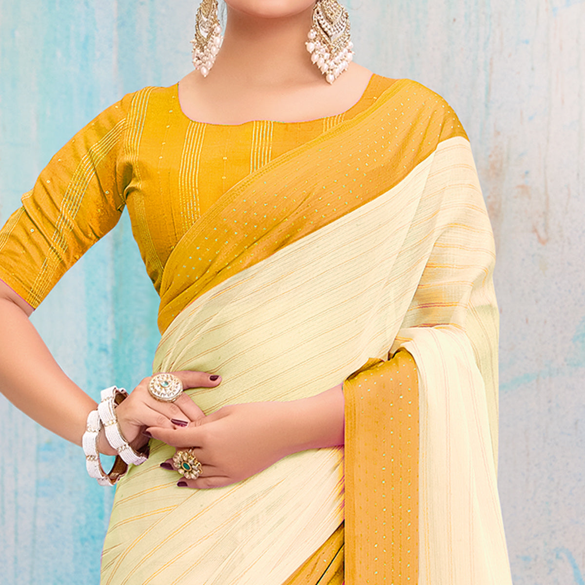 Mustard Printed Chiffon Saree With Weaving Border
