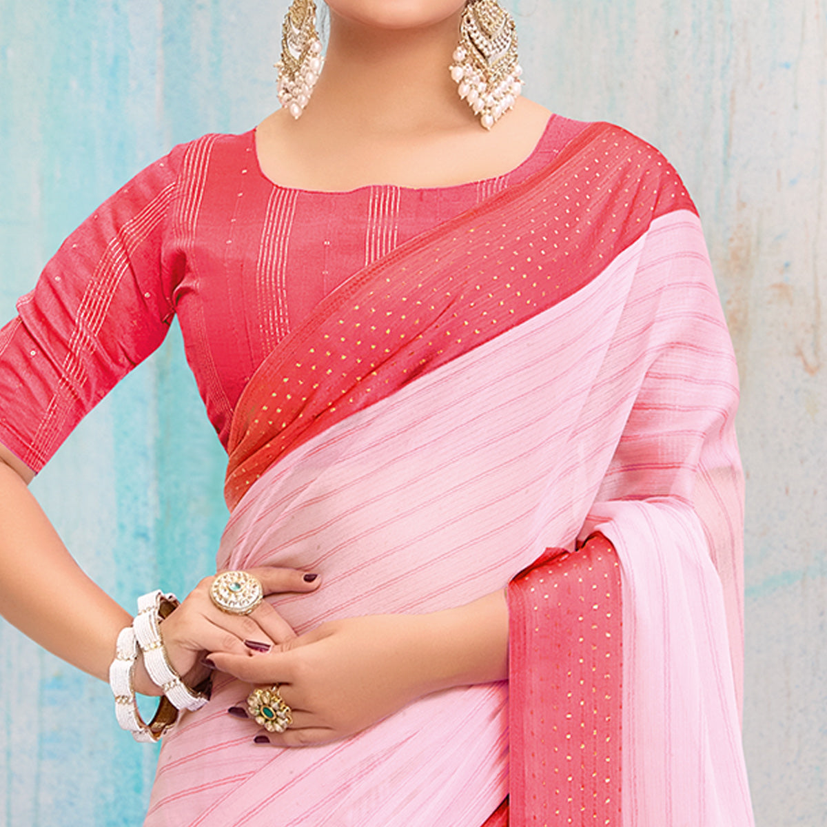 Gajri Pink Printed Chiffon Saree With Weaving Border
