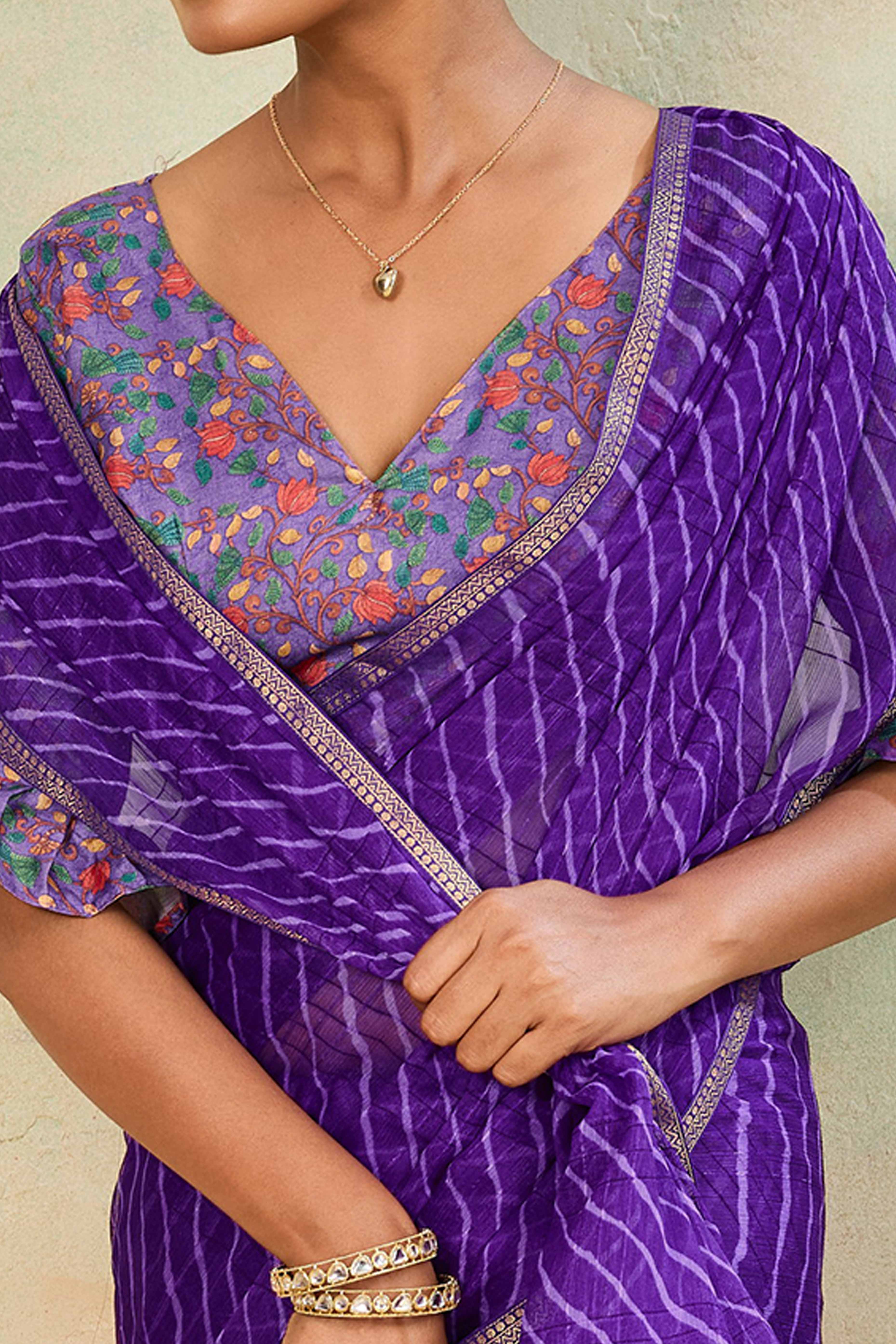 Royal Purple Leheriya Chiffon Saree Accented With Elegant Zari Lace Border Work