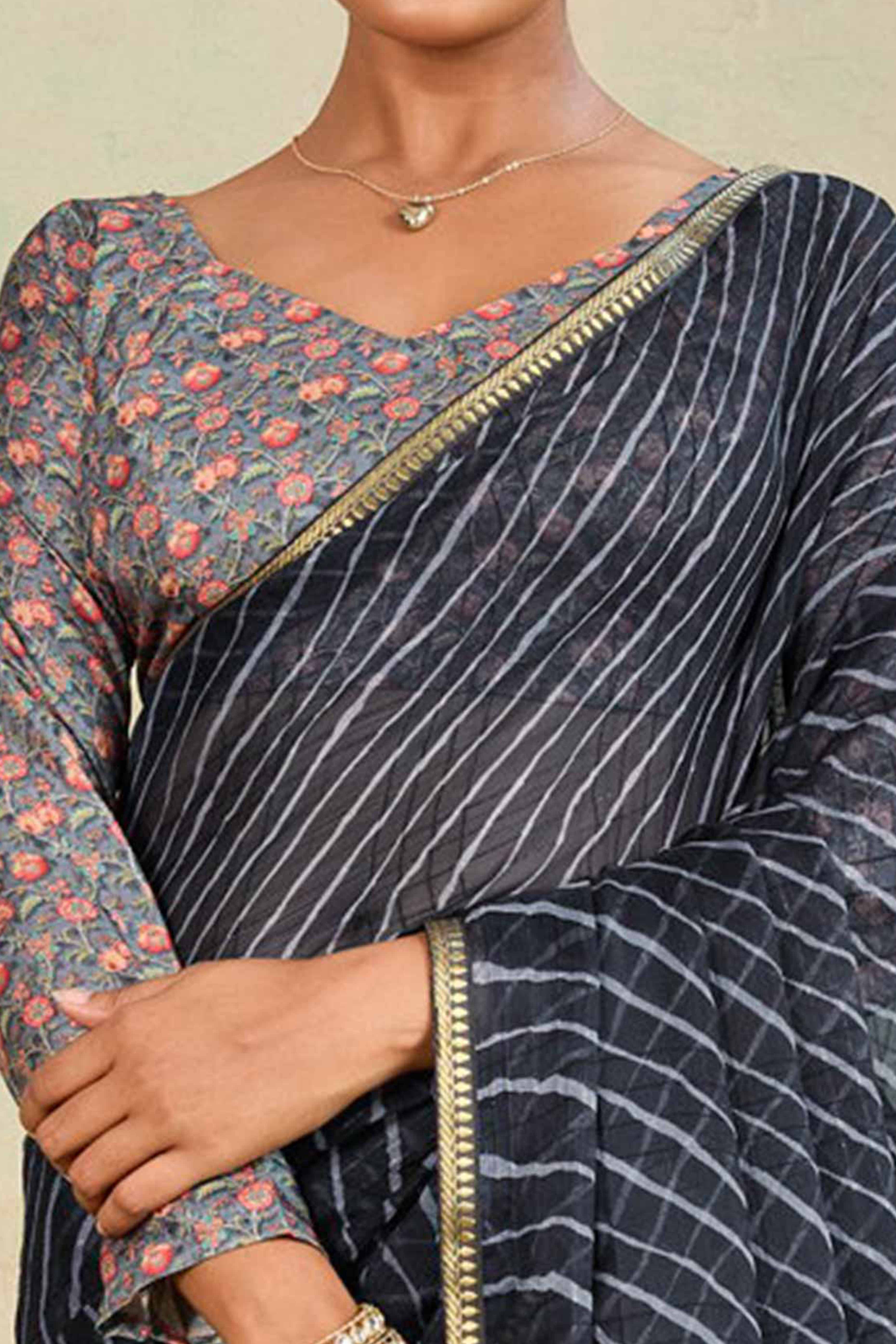 Black Leheriya Chiffon Saree Accented With Elegant Zari Lace Border Work