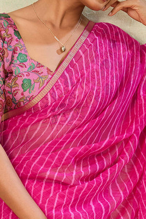 Magenta Leheriya Chiffon Saree Accented With Elegant Zari Lace Border Work