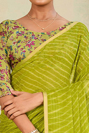 Green Leheriya Chiffon Saree Accented With Elegant Zari Lace Border Work