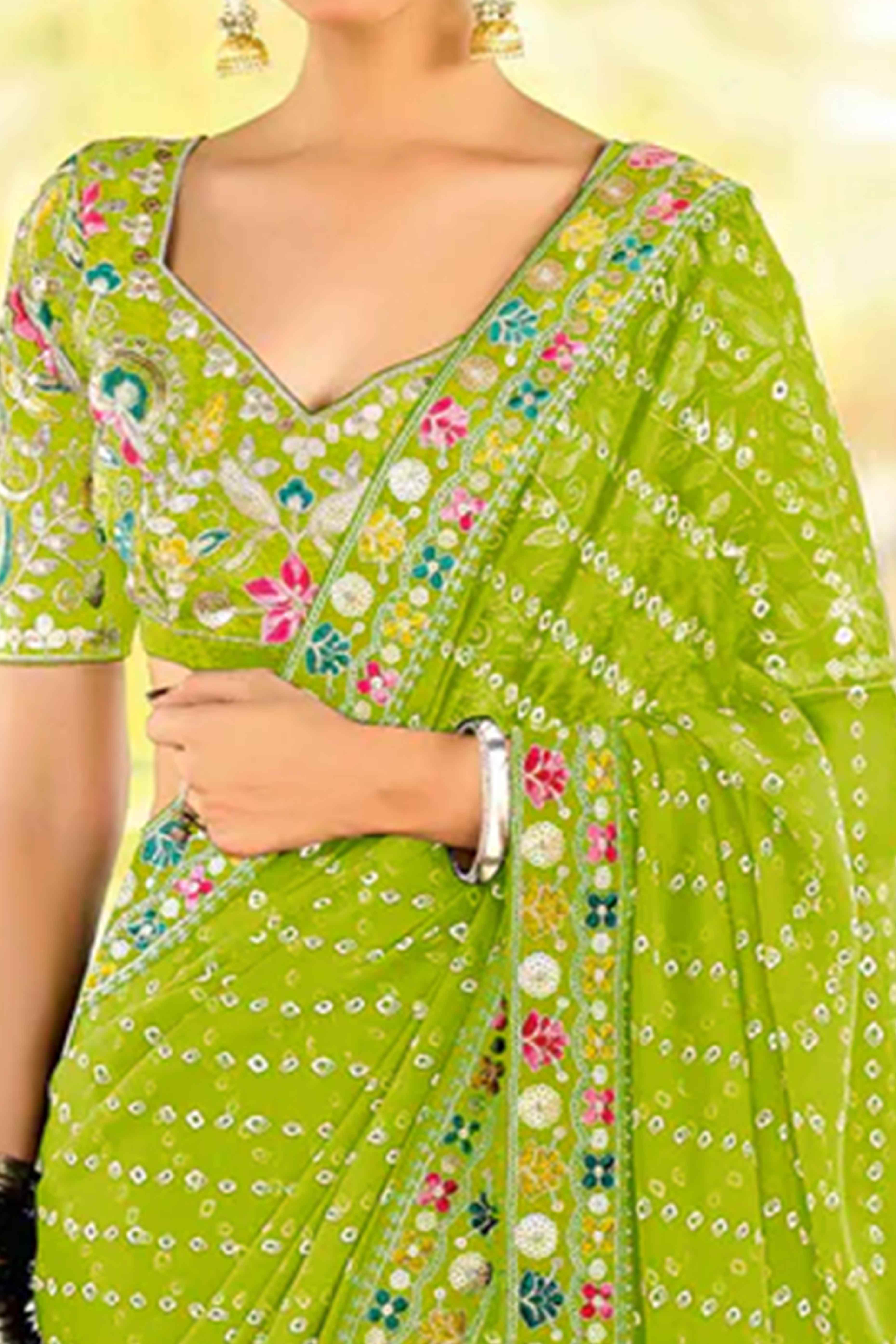 Parrot Green Bandhani Printed Georgette Saree With Sparkling Sequin Embroidered Border