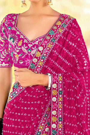 Pink Bandhani Printed Georgette Saree With Sparkling Sequin Embroidered Border