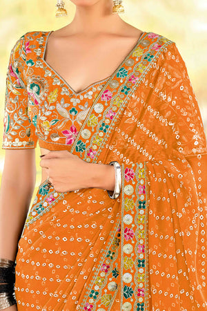 Orange Bandhani Printed Georgette Saree With Sparkling Sequin Embroidered Border