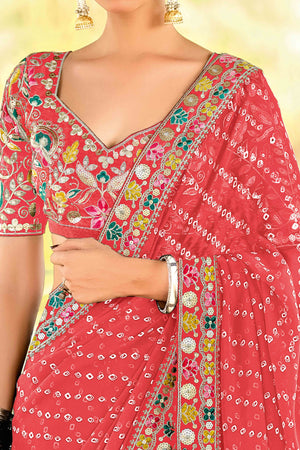 Coral Pink Bandhani Printed Georgette Saree With Sparkling Sequin Embroidered Border