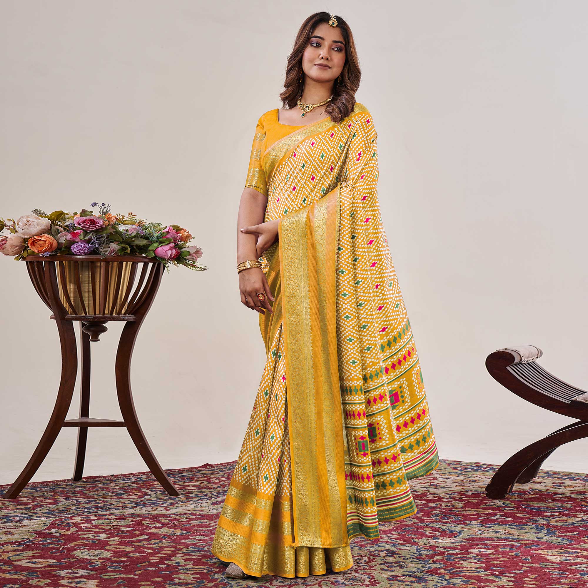 Yellow Ikkat Printed With Jacquard Border Cotton Silk Saree