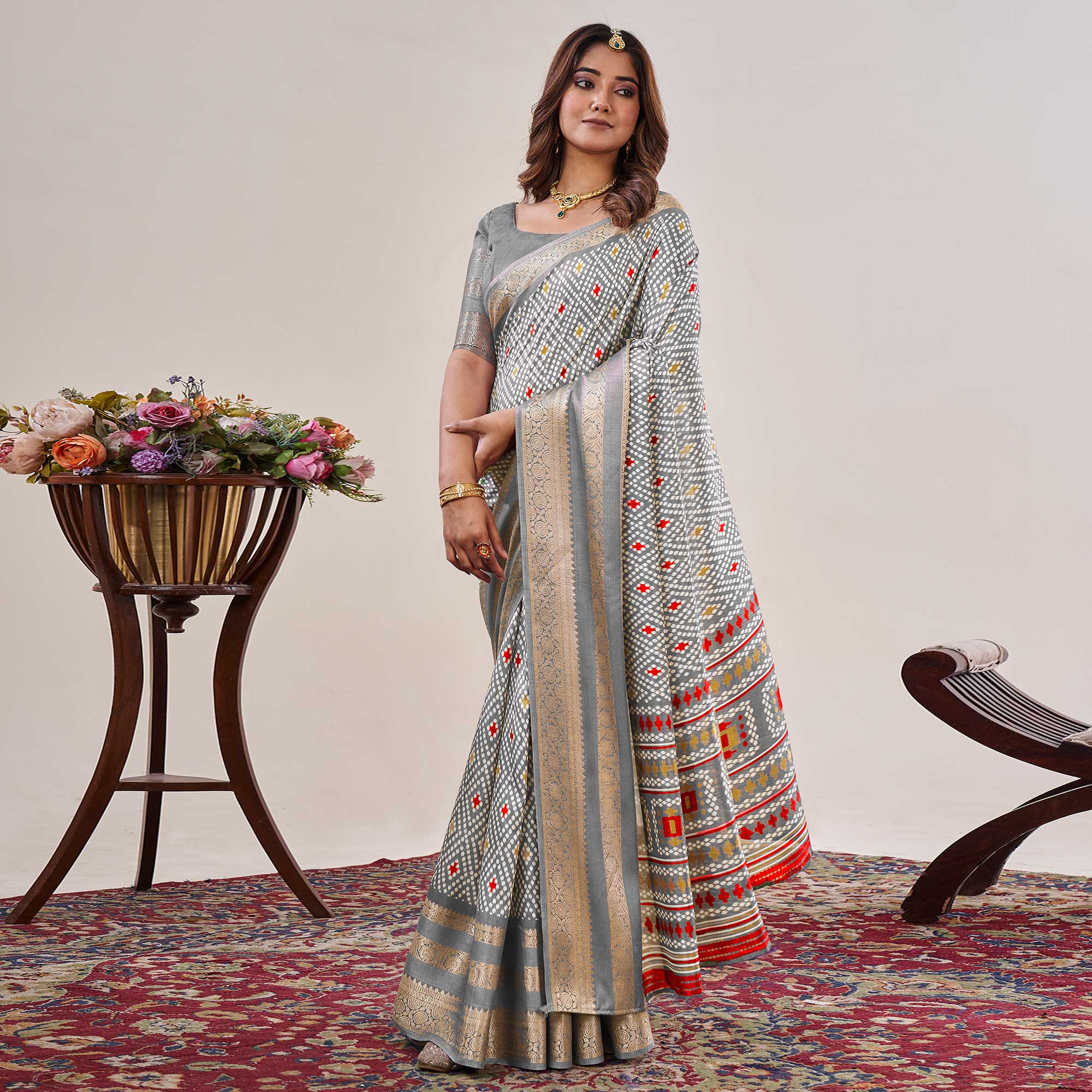 Grey Ikkat Printed With Jacquard Border Cotton Silk Saree