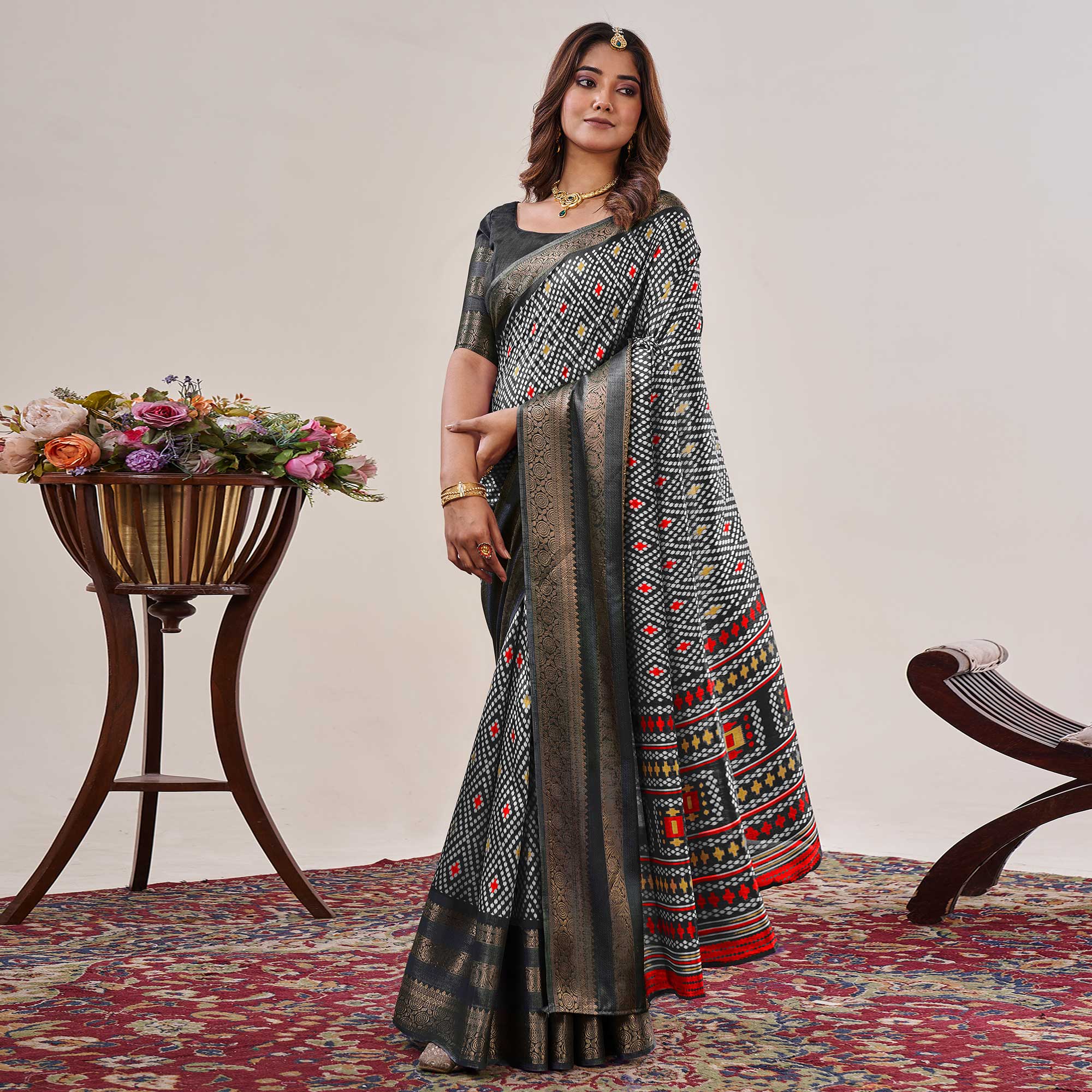 Black Ikkat Printed With Jacquard Border Cotton Silk Saree