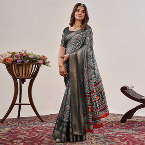 Black Ikkat Printed With Jacquard Border Cotton Silk Saree